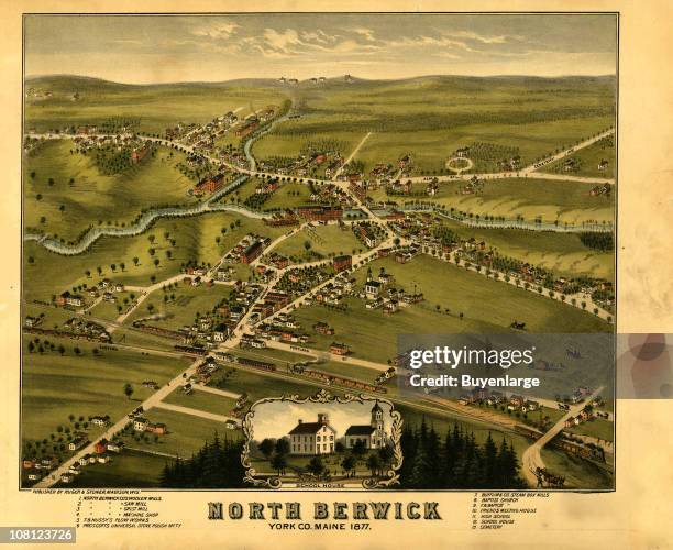 Color bird's eye view map of North Berwick, Maine, 1877. Illustration by Ruger & Stoner.