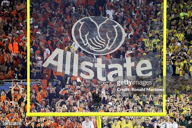 Allstate signage is displayed in the goal net before the Auburn Tigers play the Oregon Ducks during the Tostitos BCS National Championship Game at...