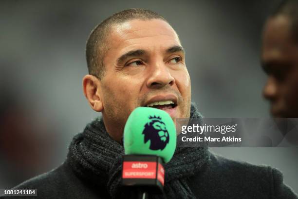 Stan Collymore speaks to media prior to the Premier League match between West Ham United and Arsenal FC at London Stadium on January 12, 2019 in...
