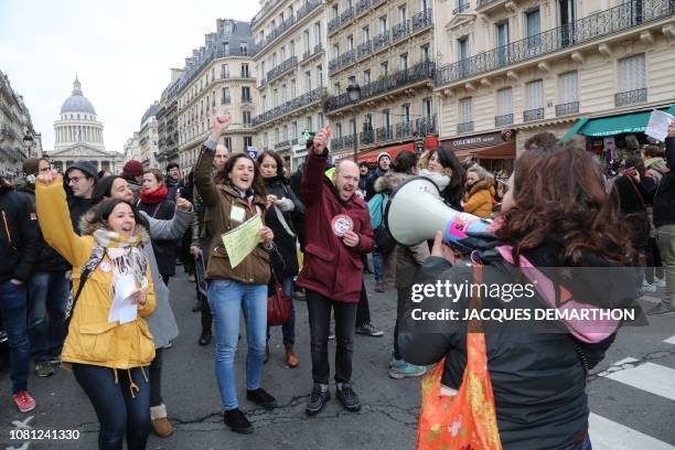 French teachers walk by the Pantheon in Paris on January 12, 2019 during a demonstration called by the Stylos Rouges Mouvement asking for a...