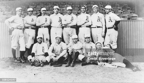 Group portrait of the Philadelphia Athletics baseball team of the American League, 1902. From top row, left to right: Highball Wilson, Bert Husting,...