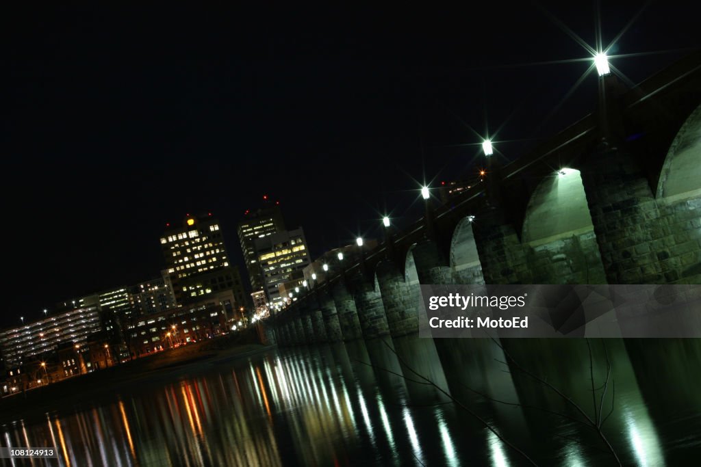 Bridge Over River Downtown at Night