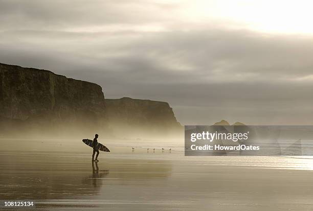 winter surfer walking through mist in cornwall - beach uk stockfoto's en -beelden