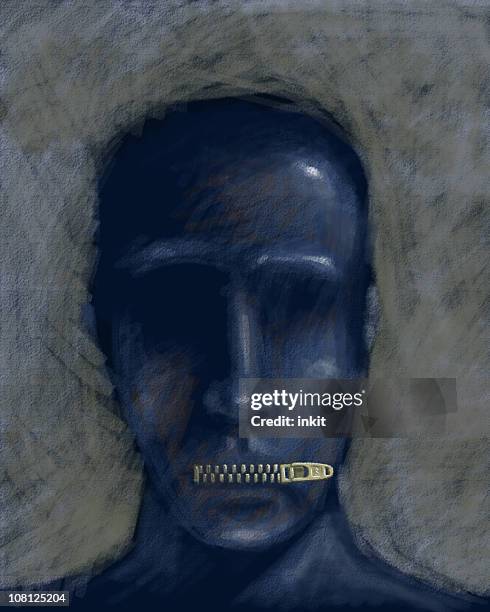 illustration of man with lips zippered shut - airtight stock pictures, royalty-free photos & images