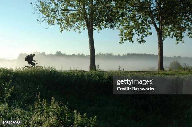 person biking on dutch levee during spring - nederland stock pictures, royalty-free photos & images