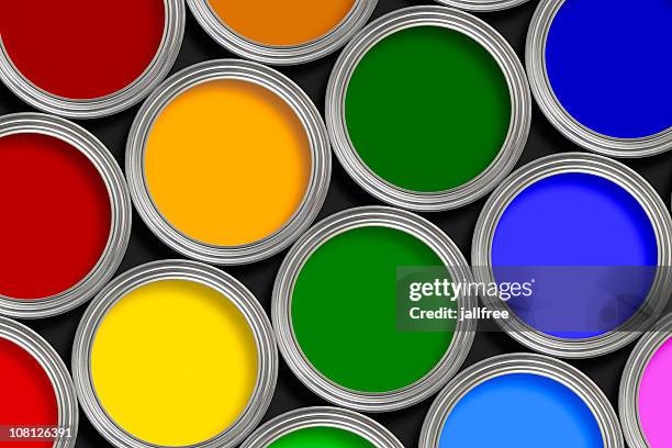 aberto multicolorido latas de pintura acima - lata de tinta - fotografias e filmes do acervo