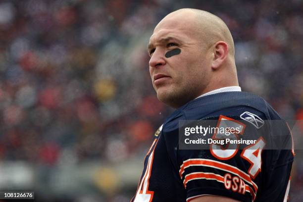 Linebacker Brian Urlacher of the Chicago Bears looks on against the Seattle Seahawks in the 2011 NFC divisional playoff game at Soldier Field on...