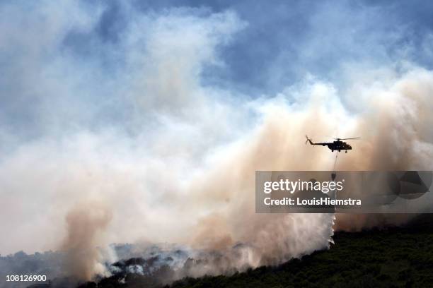 helicopter with water over forest fire - helicopter stock pictures, royalty-free photos & images