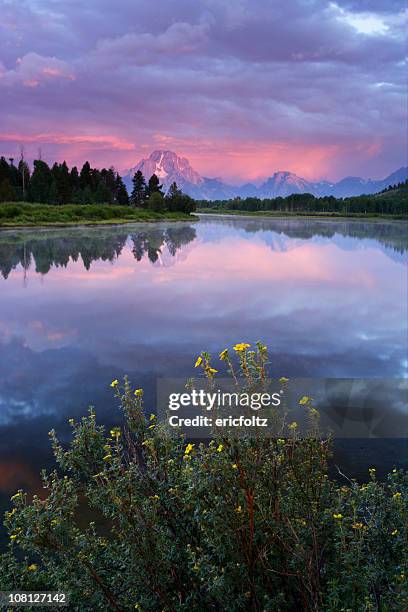 oxbow bend lake with mountains in background at sunset - moran stockfoto's en -beelden