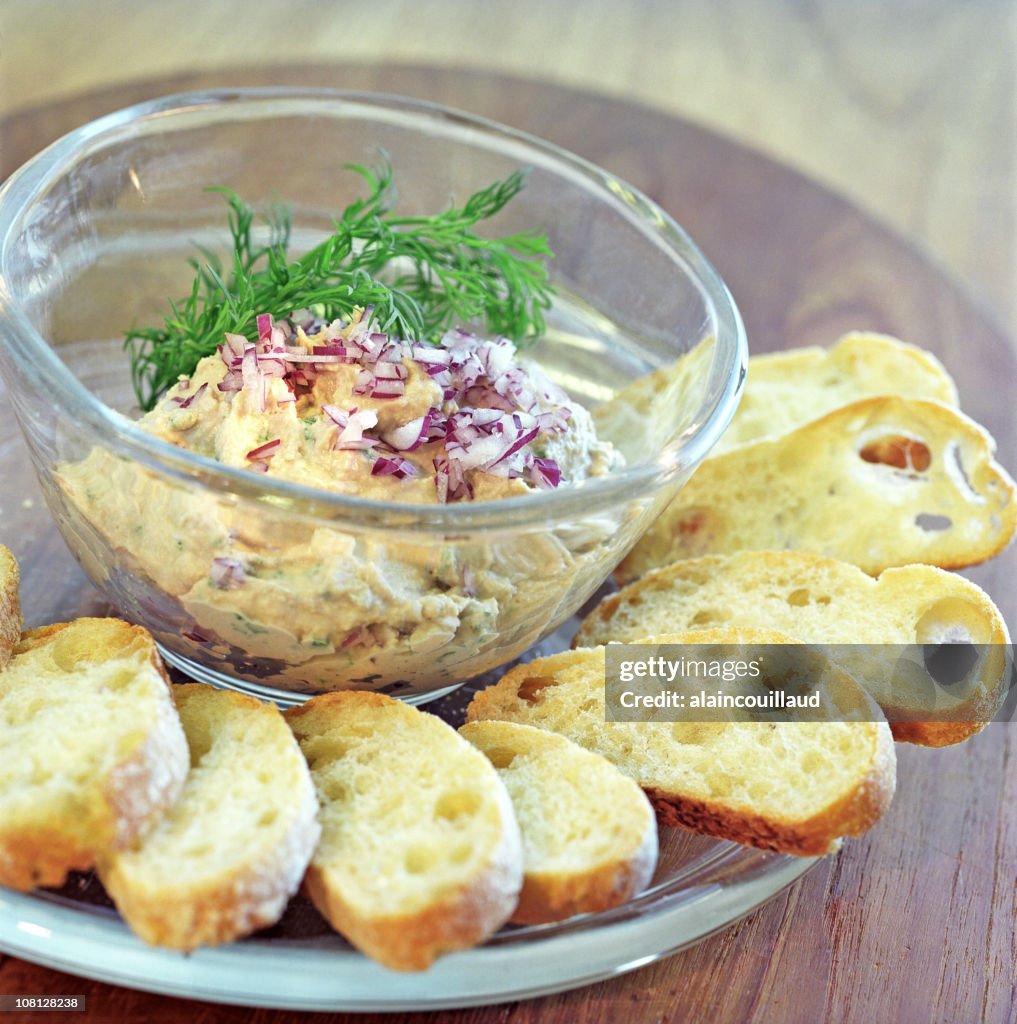 Bread Slices and Red Onion Dip Appetizer