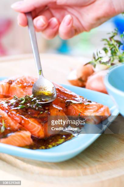 salmon in marinade - marinated stock pictures, royalty-free photos & images