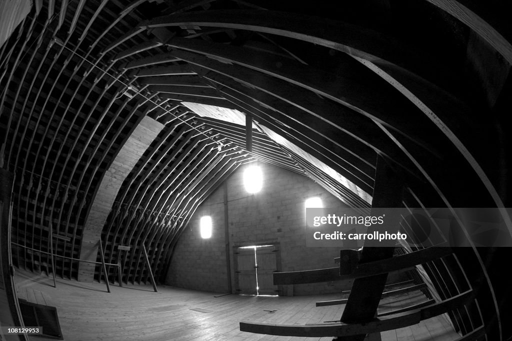 Wide Angle View of Barn Interior, Black and White