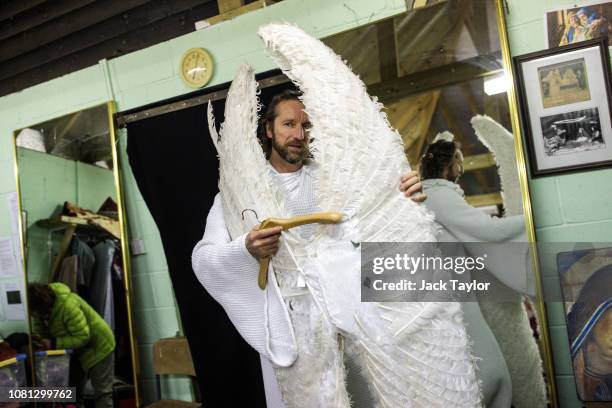 Actors prepare to take part in a dress rehearsal of the Wintershall Nativity play in the main barn on the Wintershall Estate on December 11, 2018 in...