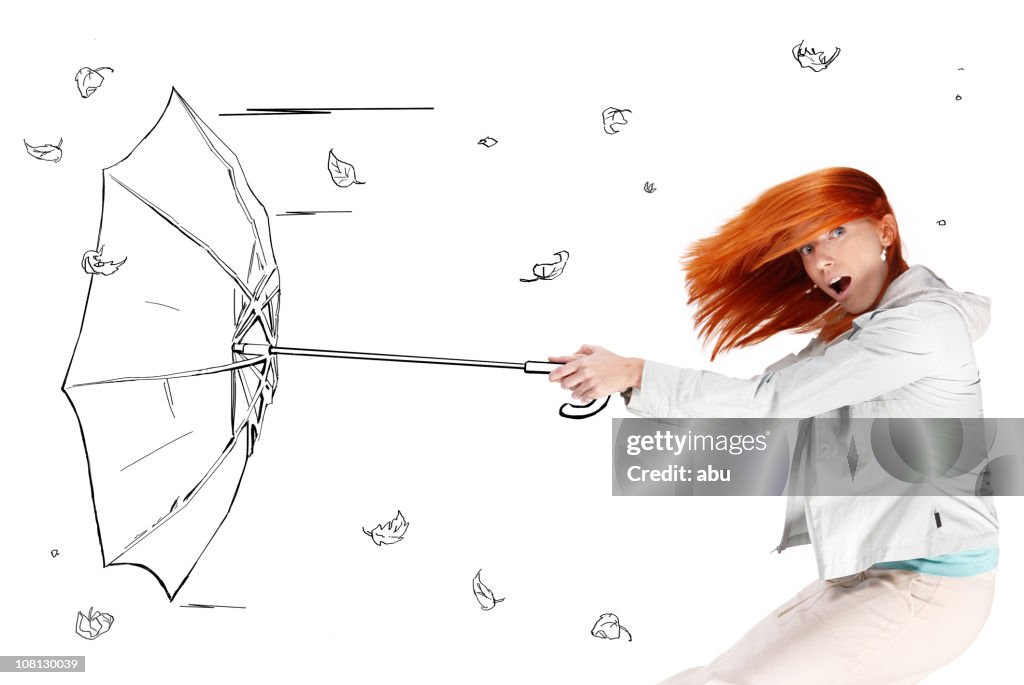 Giovane donna con un fumetto vento soffiato ombrello