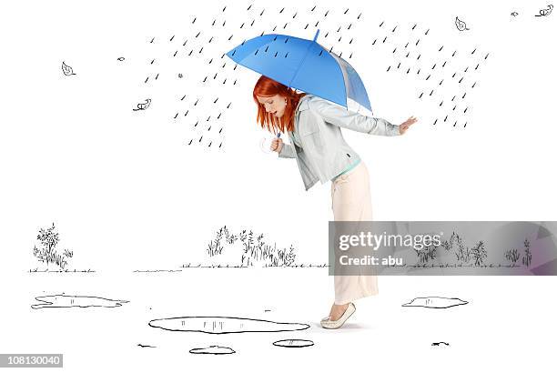 young woman standing in cartoon rain and puddles - mud puddle drawing stock pictures, royalty-free photos & images