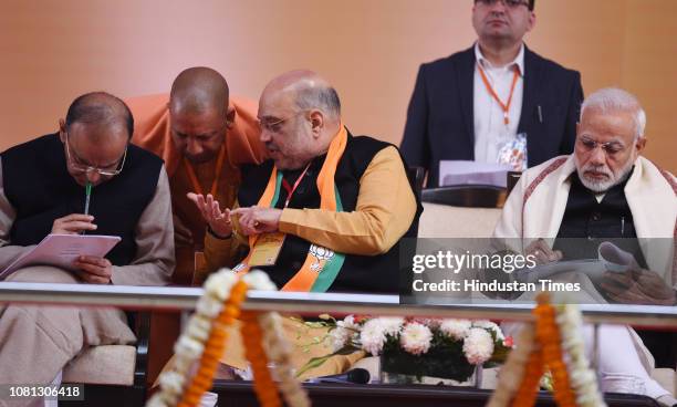 Prime Minister Narendra Modi along with BJP National President Amit Shah, Uttar Pradesh Chief Minister Yogi Aditynath and Finance Minister Arun...