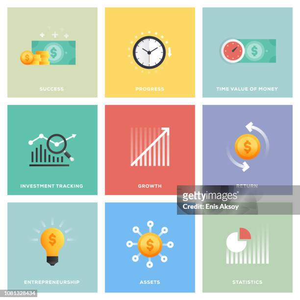 return on investment icon set - tracking progress stock illustrations