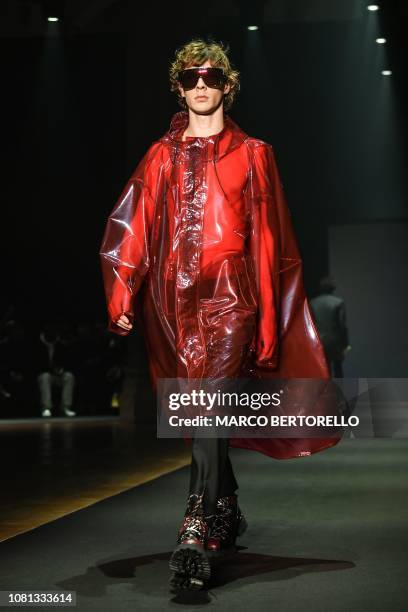 Model presents a creation for fashion house Les Hommes during the Men's Fall/Winter 2019/20 fashion shows in Milan, on January 12, 2019.