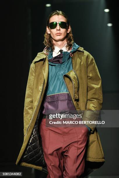 Model presents a creation for fashion house Les Hommes during the Men's Fall/Winter 2019/20 fashion shows in Milan, on January 12, 2019.