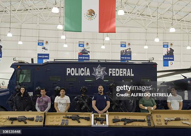 Jose Jorge Balderas a.k.a "El JJ" is presented at a press conference at the headquarters of the Mexican Federal Police in Mexico City, on January 18,...