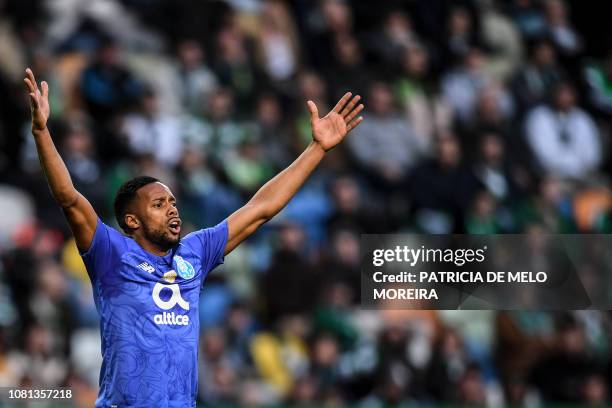 Porto's foward Hernani Fortes reacts after missing a goal opportunity during the Portuguese League football match between Sporting CP and FC Porto at...