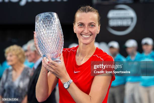 Petra Kvitova holds up the winners trophy at The Sydney International Tennis on January 12 at Sydney Olympic Park Tennis Centre in Homebush,...