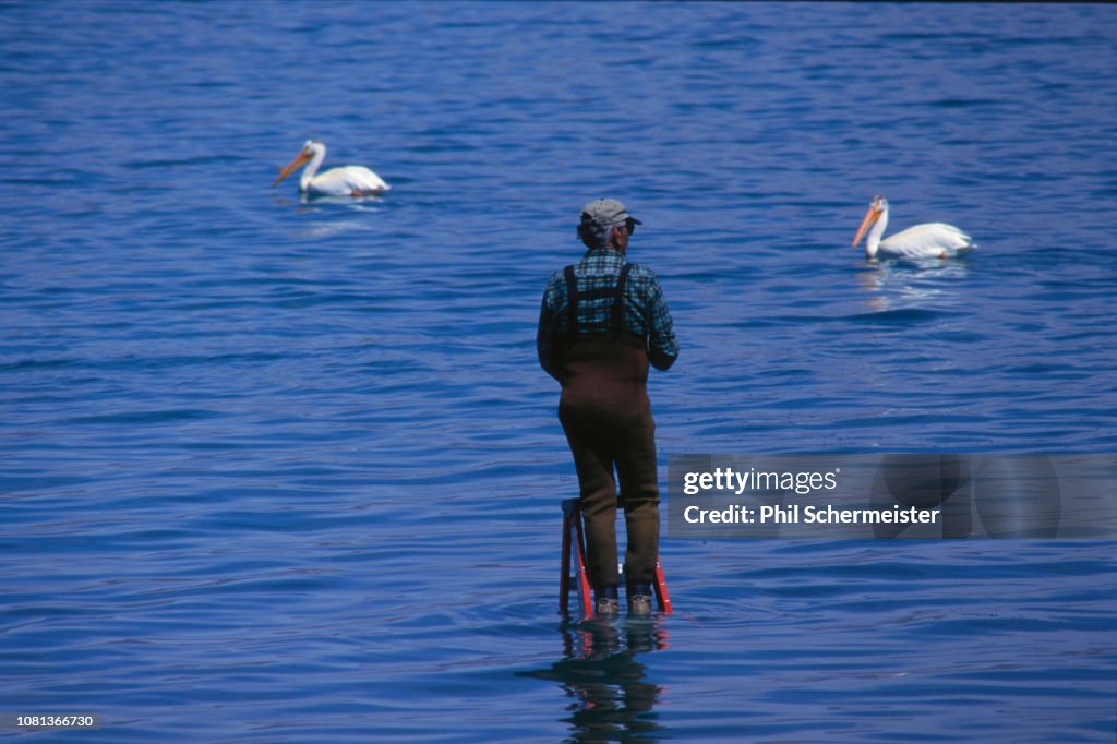 Fisherman Standing on Ladder in Pyramid Lake