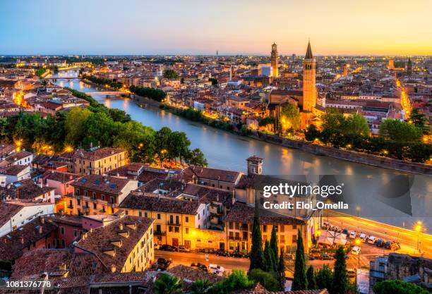 vista aerea al tramonto di verona. italia - fiume adige foto e immagini stock
