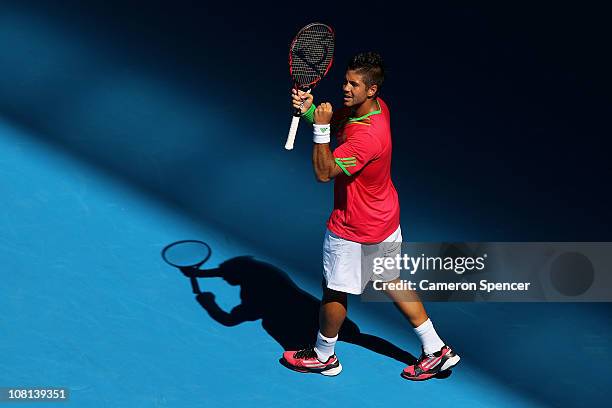 Fernando Verdasco of Spain celebrates match point during his second round match against Janko Tipsarevic of Serbia during day three of the 2011...