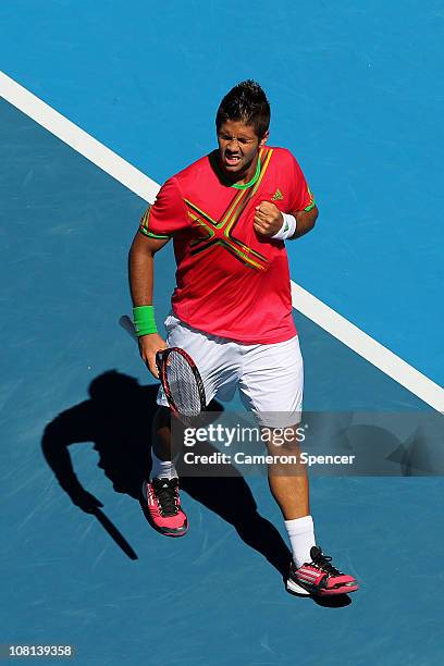 Fernando Verdasco of Spain celebrates match point during his second round match against Janko Tipsarevic of Serbia during day three of the 2011...