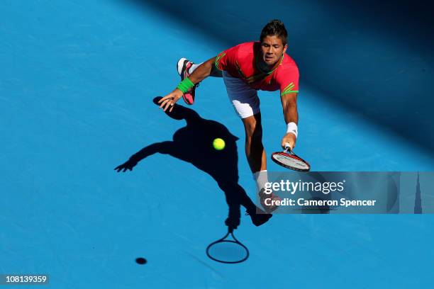 Fernando Verdasco of Spain plays a forehand in his second round match against Janko Tipsarevic of Serbia during day three of the 2011 Australian Open...