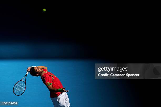 Fernando Verdasco of Spain serves in his second round match against Janko Tipsarevic of Serbia during day three of the 2011 Australian Open at...