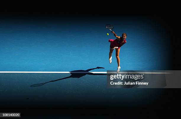 Sandra Zahlavova of the Czech Republic serves in her second round match against Venus Williams of the United States of America during day three of...