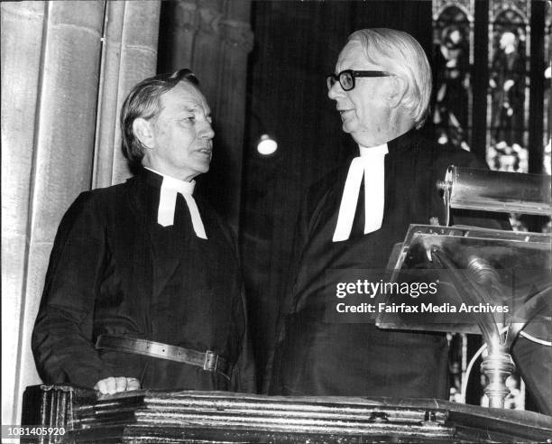 The Dean elect of Sydney Rev Lance Shilton at St Andrew's Cathedral.Rev Lance Shilton and Dr. S. Babbage, Acting Dean of St Andrews Cathedral....