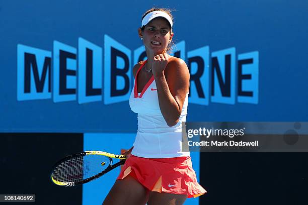 Julia Goerges of Germeny celebrates during her second round match against Kaia Kanepi of Estonia on day three of the 2011 Australian Open at...