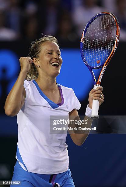 Barbora Zahlavova Strycova of the Czech Republic celebrates winning match point in her second round match against Jelena Dokic of Australia during...