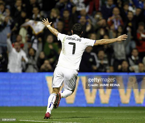 Real Madrid's Portuguese forward Cristiano Ronaldo celebrates after scoring against Hercules during their Spanish League football match on October...
