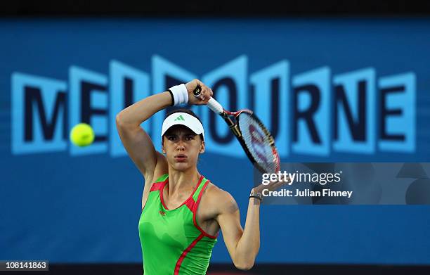 Andrea Petkovic of Germany appeals plays a forehand in her second round match against Anne Keothavong of Great Britain during day three of the 2011...