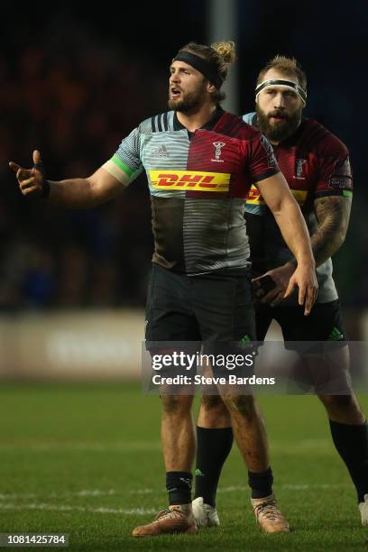 Luke Wallace of Harlequins during the European Challenge Cup match between Harlequins and Grenoble Rugby at Twickenham Stoop on January 12, 2019 in...