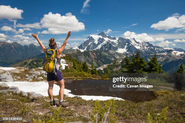 rear view of female hiker with backpack standing at north cascades national park - cascades mountain range fotografías e imágenes de stock