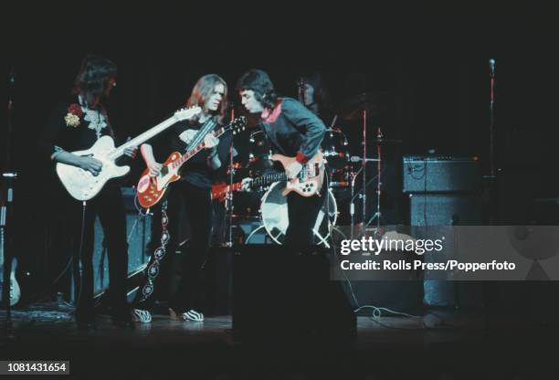 Paul McCartney performs live on stage with rock group Wings on the first date of Wings 1973 UK Tour at Bristol Hippodrome in Bristol, England on 11th...