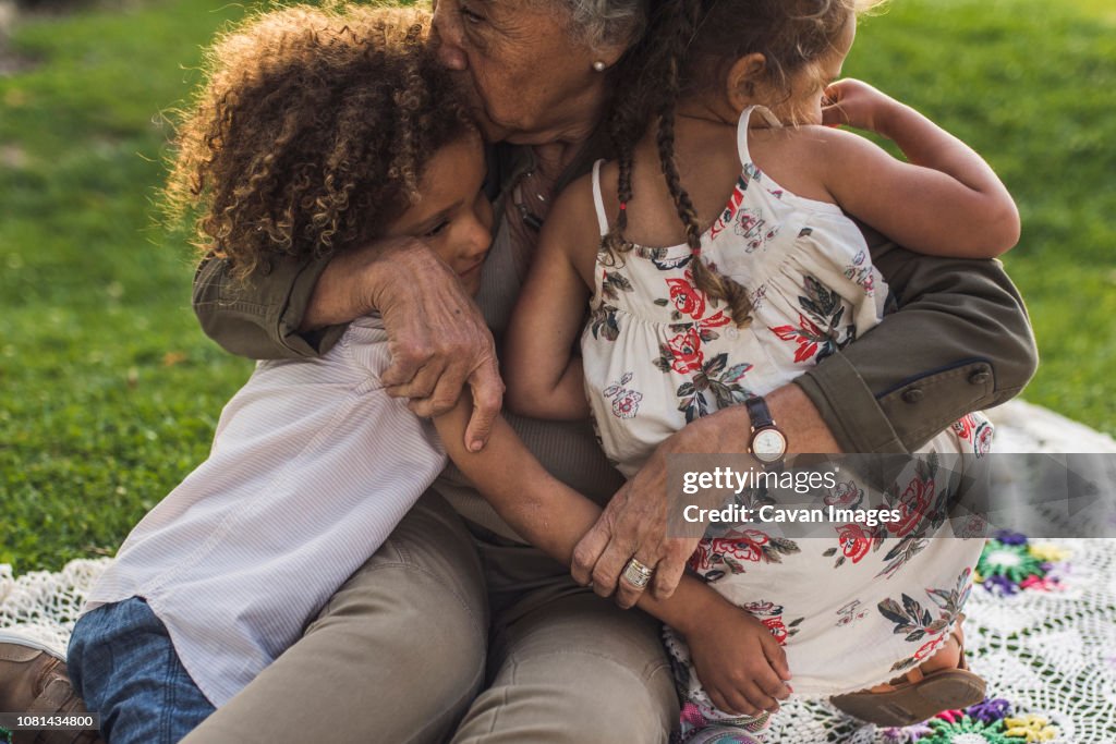 Grandmother embracing grandchildren on picnic blanket at park