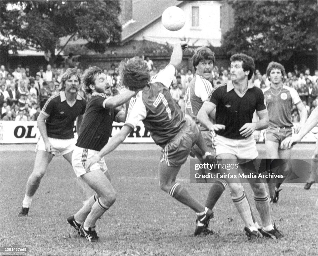 Soccer at Pratten Park-Olympic Vs Leichhardt.There was plenty of action for the big crowd at Pratten Park with, from left, Peter Wilson, Colin McAusland, Jim Redfern, Ian Rowden, Mark Pullen and Andy Scott after the ball.