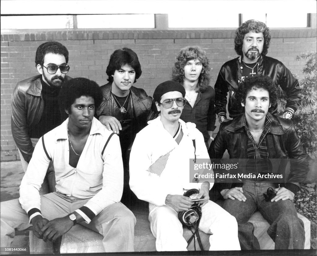Pop group Santana arrives. Back row: Tom Coster, Raul Rekow, Graham ...