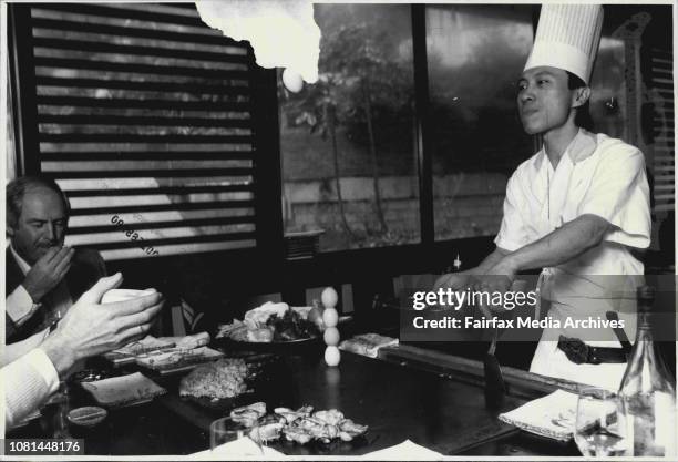 Chef Stanley at the Shinju North side restaurant, tossing food into customers Bowls. June 6, 1987. .