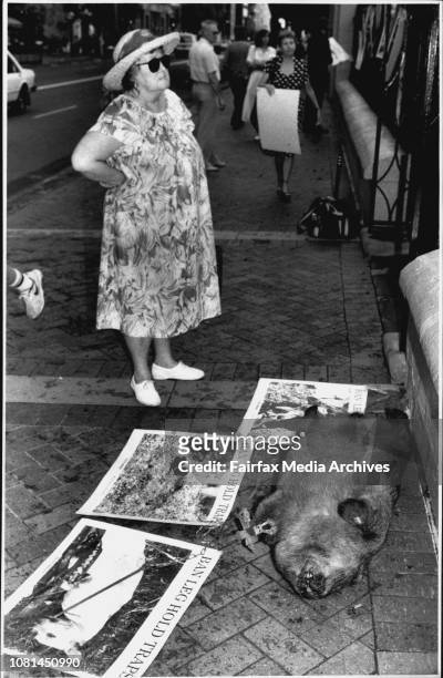 Mrs Helen Hussey of Maroubra looks against at the protest.Large numbers of protected native animals are caught indiscriminately in leg hold traps....