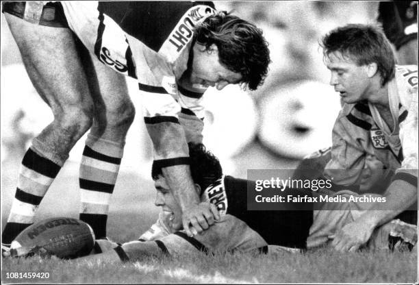 Cronullas Andrew Ettingshausen bends down to pick up an elated Mark McGaw. - Freeman was unable to stop him scoring.Rugby League... Balmain Vs....