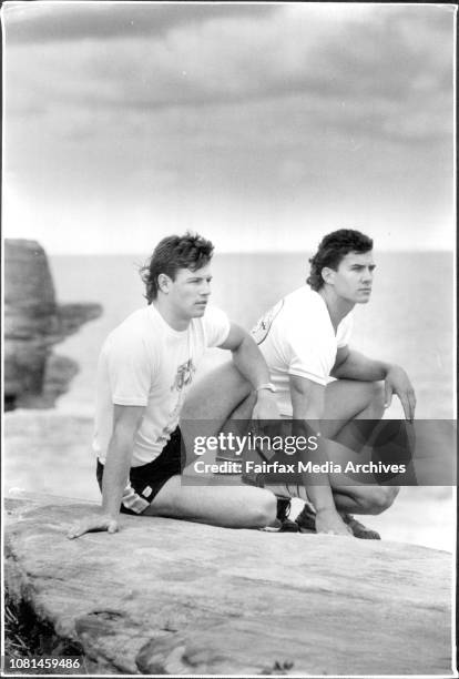 Cronulla players, Andrew Ettingshausen &amp; Mark McGwa relax on the picturesque Cliffs at Coogee after a vigorous workout with the Kangaroo Train on...