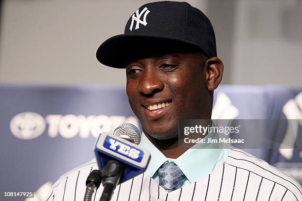 Rafael Soriano of the New York Yankees speaks during his introduction press conference on January 19, 2011 at Yankee Stadium in the Bronx borough of...