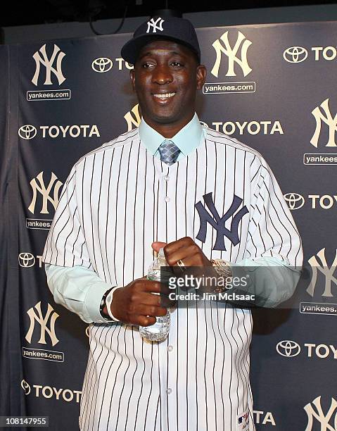 Rafael Soriano of the New York Yankees smiles after his introduction press conference on January 19, 2011 at Yankee Stadium in the Bronx borough of...